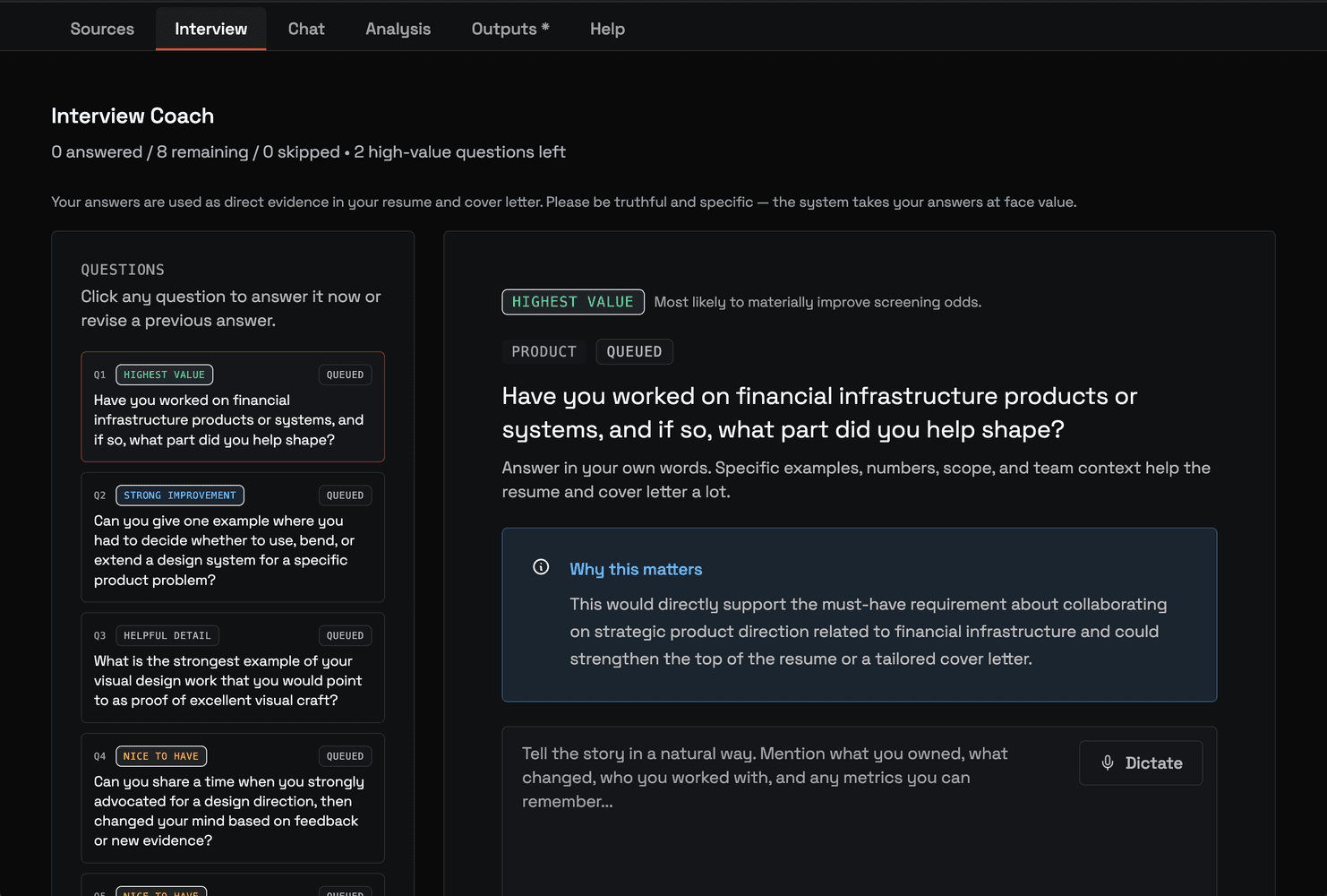 Targeted questions gather the missing evidence most likely to strengthen the application.