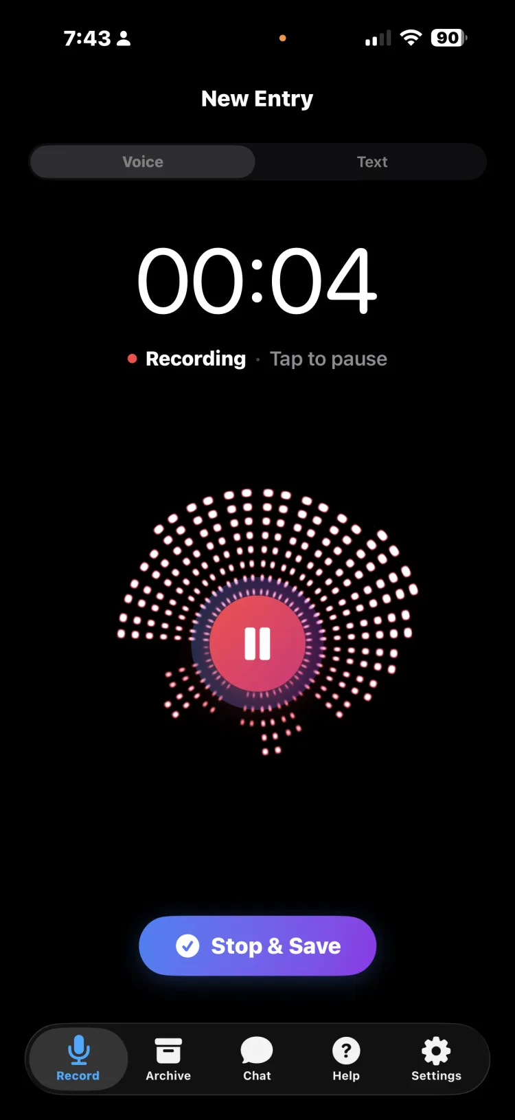 Afterword voice recording screen with a live waveform and stop and save action