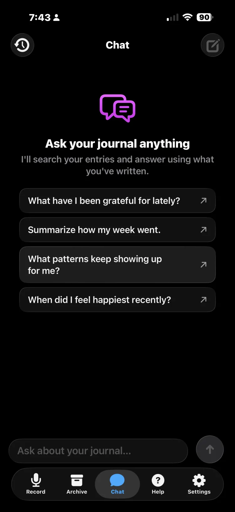 Afterword journal chat answering a question from the user’s history