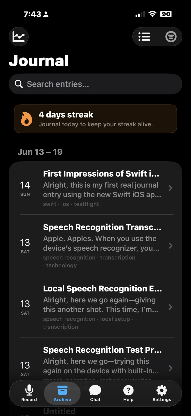 Afterword journal timeline with searchable entries and weekly summaries