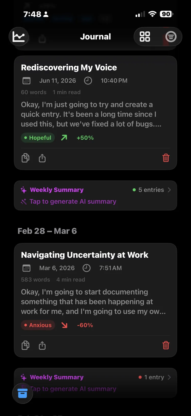A completed Afterword journal entry with generated title and reflection context