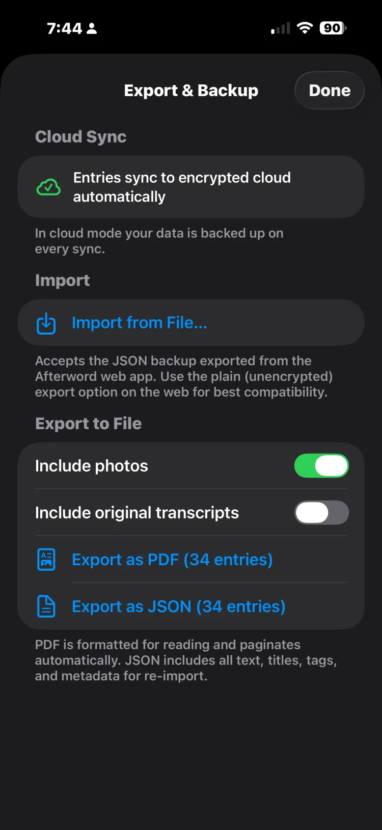Afterword export and encrypted backup settings