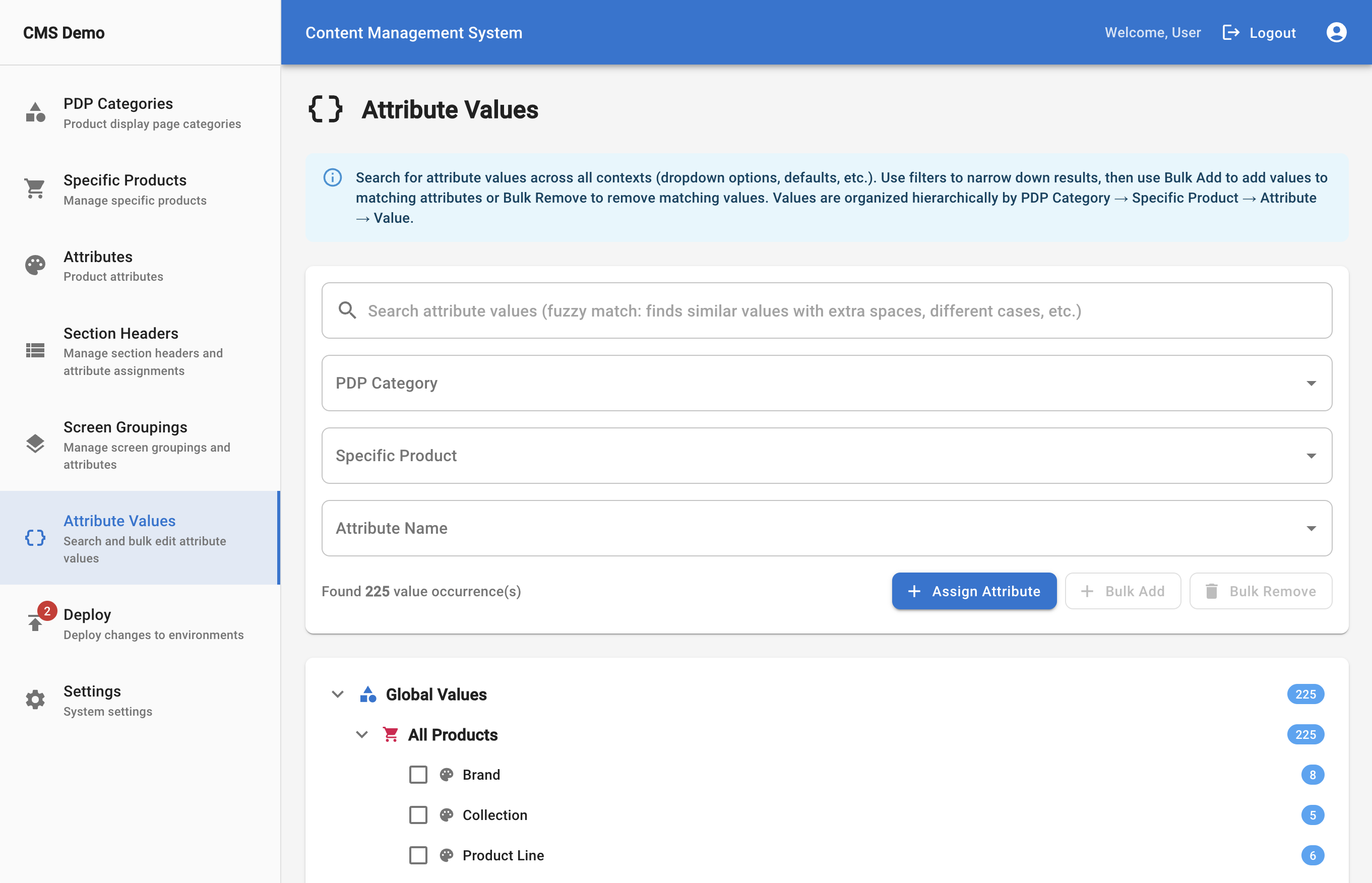 Attribute Values — searching and managing values across the hierarchy