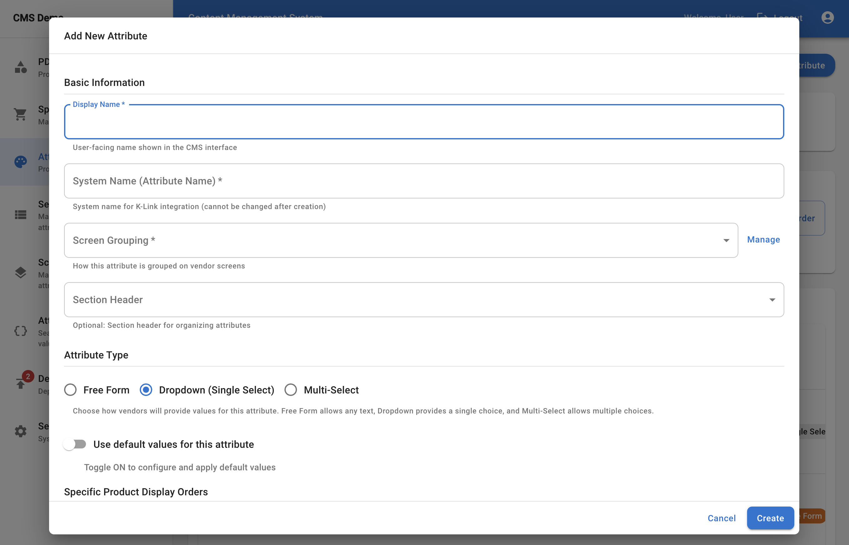 Add New Attribute — structured creation with type selection and defaults