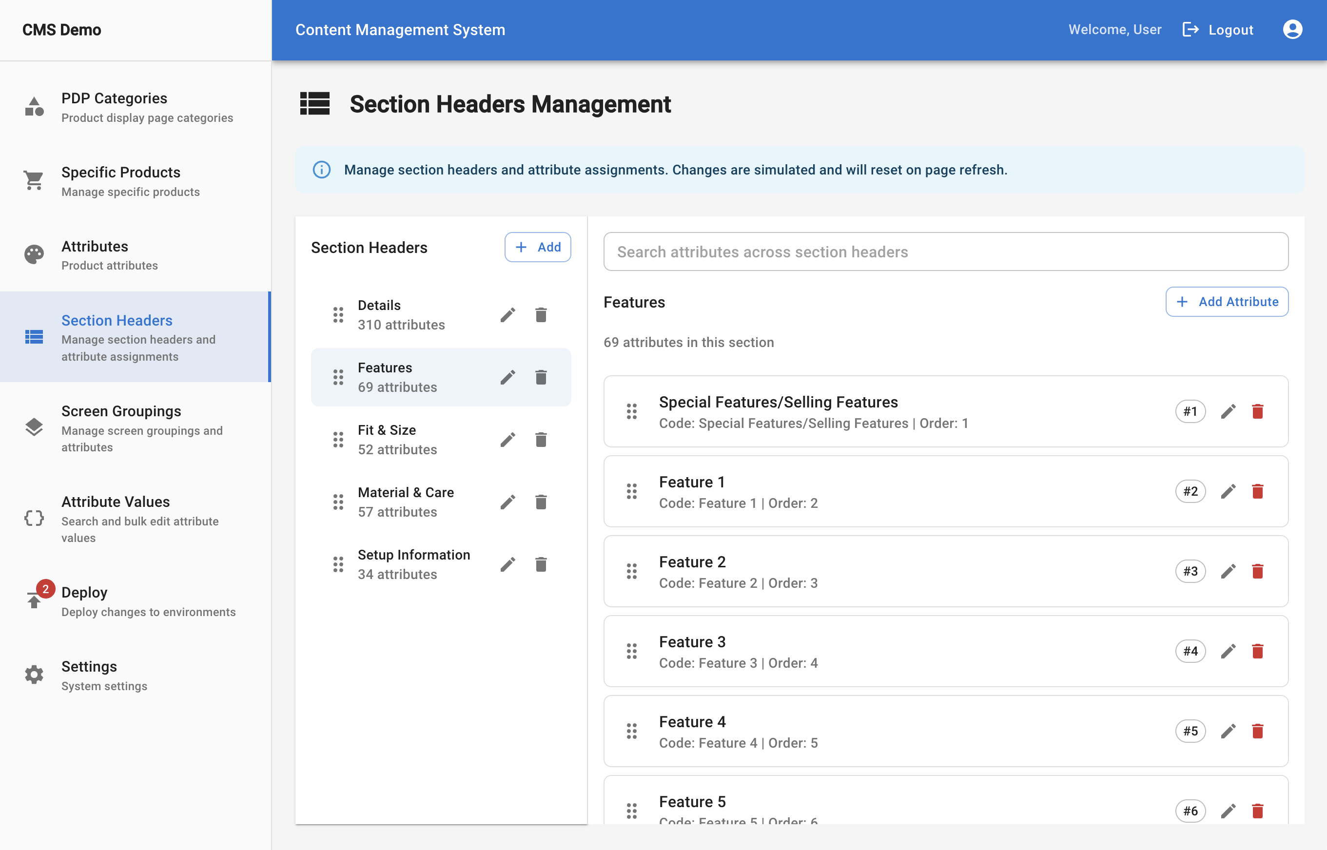 Section Headers Management — organizing attributes into logical groups