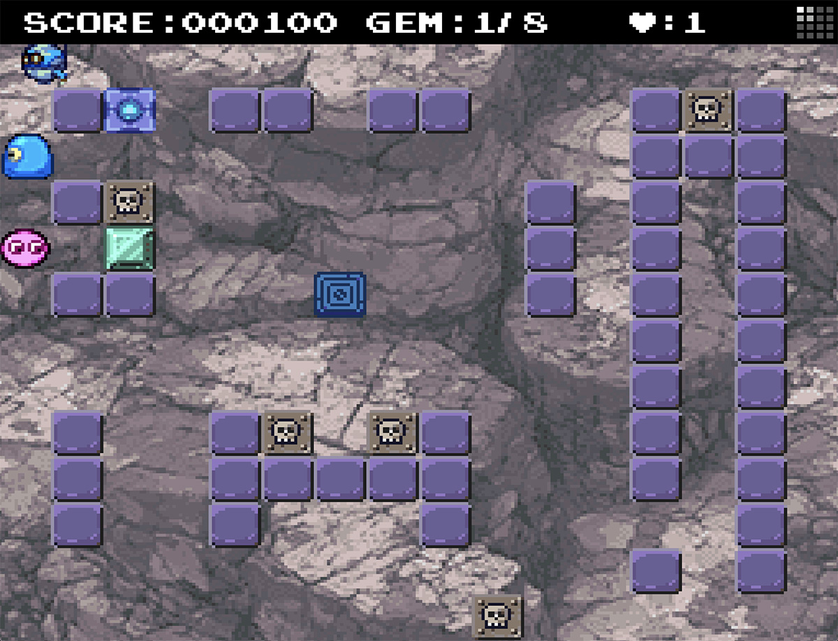 Deadfall running as a SNES ROM: Flux mines gems while Gloop and Clanky roam the section